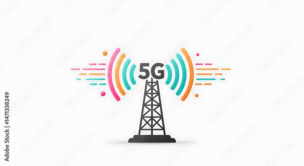 Fototapeta premium illustration of 5G concept with a signal tower and fast wave lines, clean and modern design on white background.