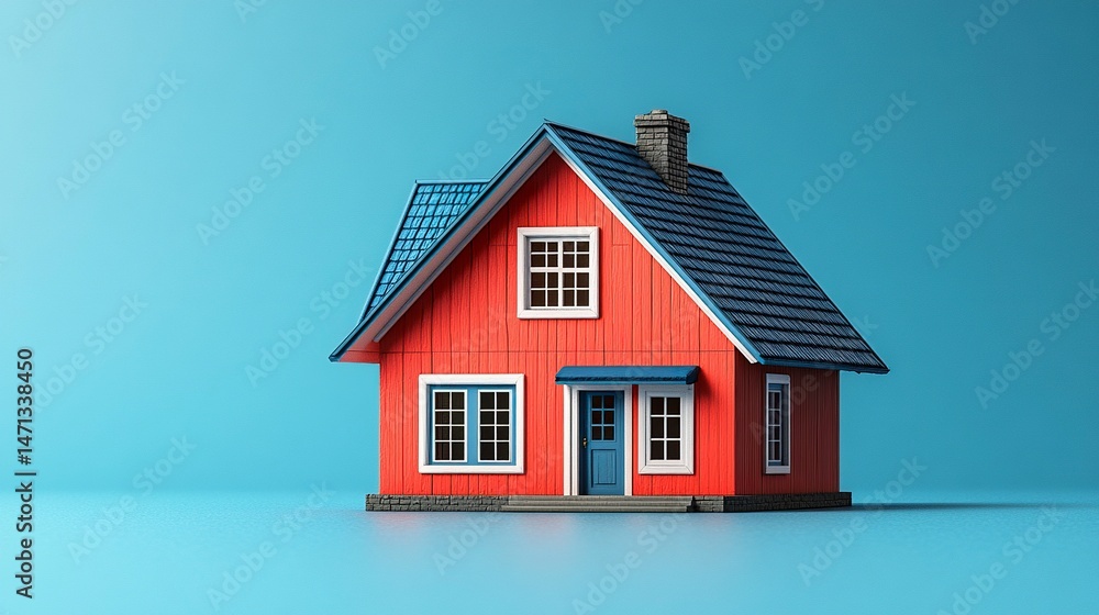 Red toy house model with blue roof on solid blue background Red toy house model with blue roof on solid blue background