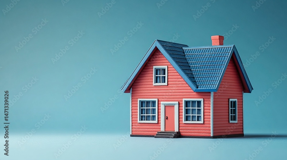 Red toy house model with blue roof on solid blue background Red toy house model with blue roof on solid blue background