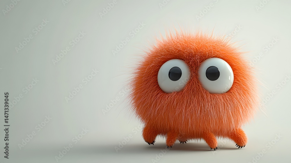 Fototapeta premium Playful 3D Stylized Fuzzy Creature with Cartoon Design on White Background and Whimsical Visual Appeal