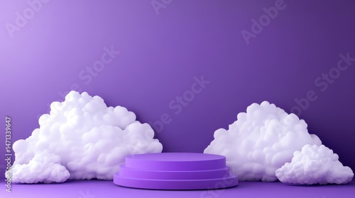 A 4K photo of purple podium sits on white clouds against a purple background.