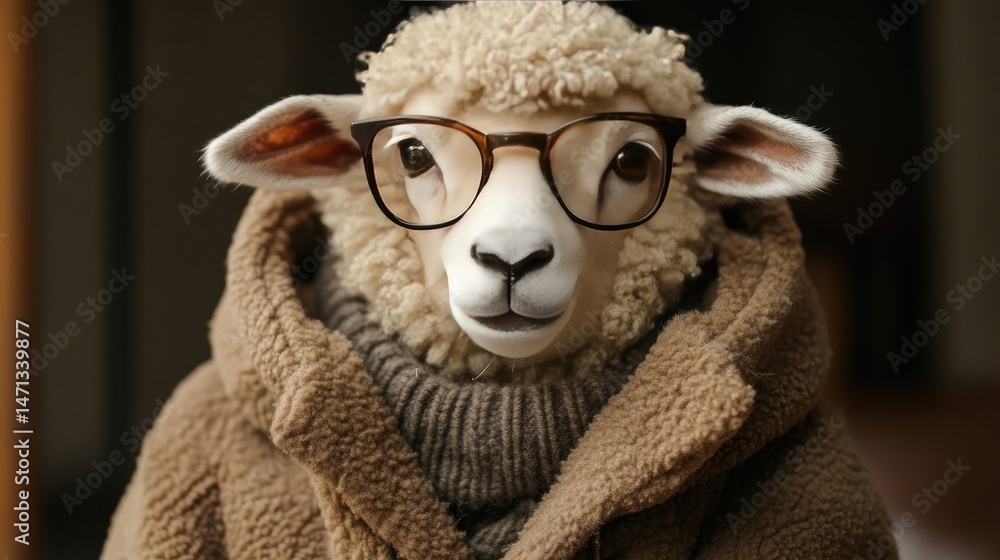 Cute sheep in coat with glasses and Eid greeting Cute sheep in coat with glasses and Eid greeting