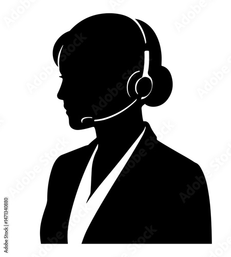 Customer service call center woman wearing headset vector silhouette.