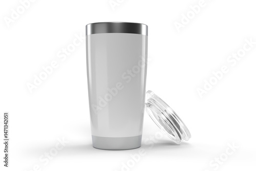 3D Stainless steel tumbler mockup with transparent plastic lid. Blank Insulated container aluminium mug isolated on background. Template for presentation branding product, thermos glass, beverage cup
