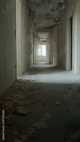 Wallpaper Mural Eerie perspective down a dilapidated, desolate corridor of abandoned building with peeling paint, faded walls, and light streaming from window at the end. Torontodigital.ca