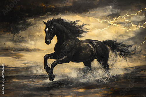 Majestic black horse galloping through turbulent waters under a stormy sky with lightning