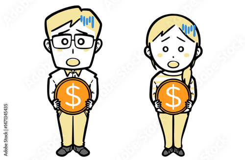 困った顔で外貨のコインを持つ、普段着の若い夫婦