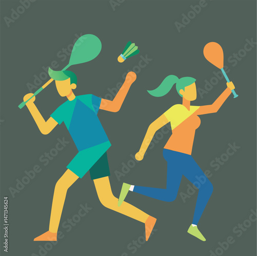 Energetic Badminton Players in Action A Dynamic Illustration