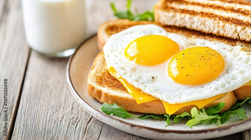 Fototapeta premium Sunny-Side Up: Close-up of a delicious breakfast consisting of toast and eggs. captured in a warm, inviting style.