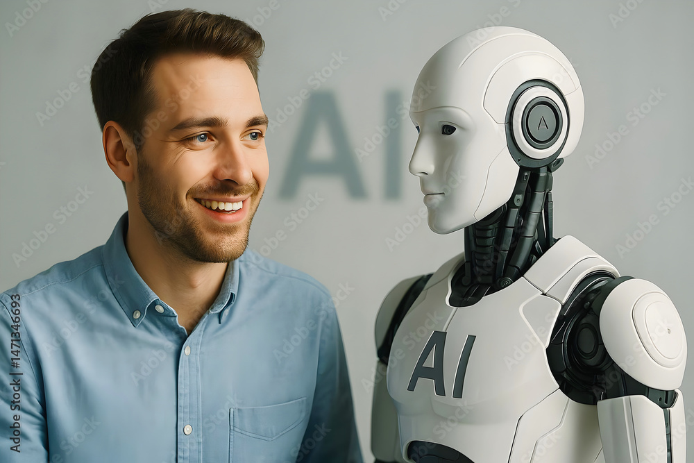 Male Engineer Engaging with Humanoid Robot, Artificial Intelligence Collaboration, Futuristic Innovation and Technology, Human AI Relationships