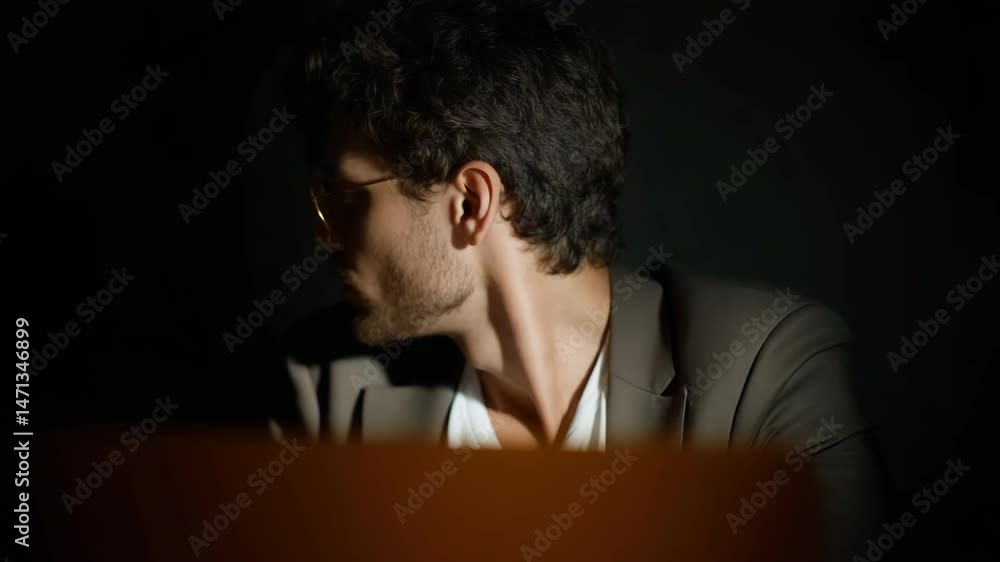 In a dark room, a man is using a computer. He's dressed in a suit and glasses. In a dark room, a man is using a computer. He's dressed in a suit and glasses.