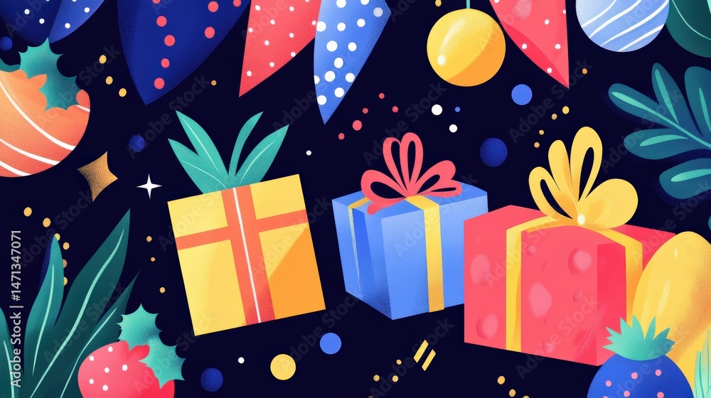 Obraz premium Colorful gift boxes and festive decorations in a vibrant seasonal design