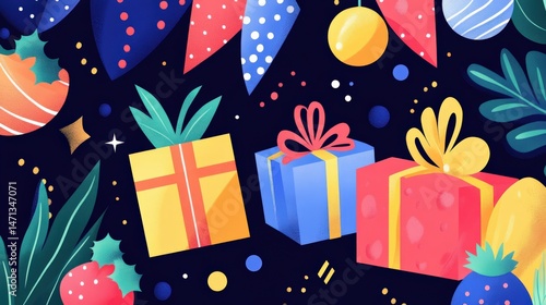 Colorful gift boxes and festive decorations in a vibrant seasonal design