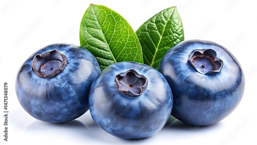 Obraz premium Fresh blueberries with green leaves isolated on white background representing healthy eating