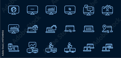 Remote Work Line Icons . Freelancer Work from Home, Video Call, Online Meeting, Teleconference Vector Set