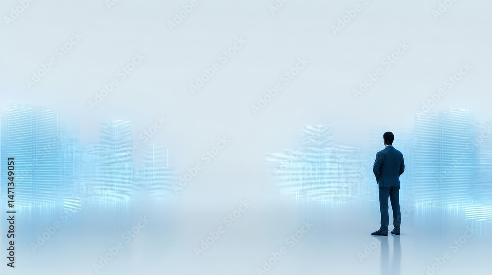 Businessman in suit stands against blue sky background concept of success for people in management Businessman in suit stands against blue sky background concept of success for people in management
