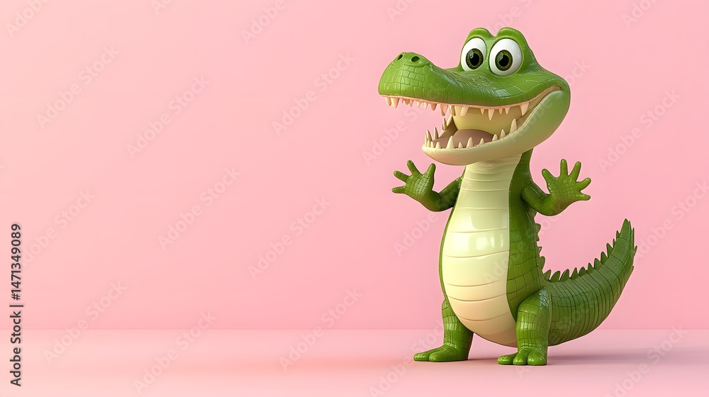 Naklejka premium Charming 3D Cartoon Alligator with Playful Gesture and Vibrant Design for Kids