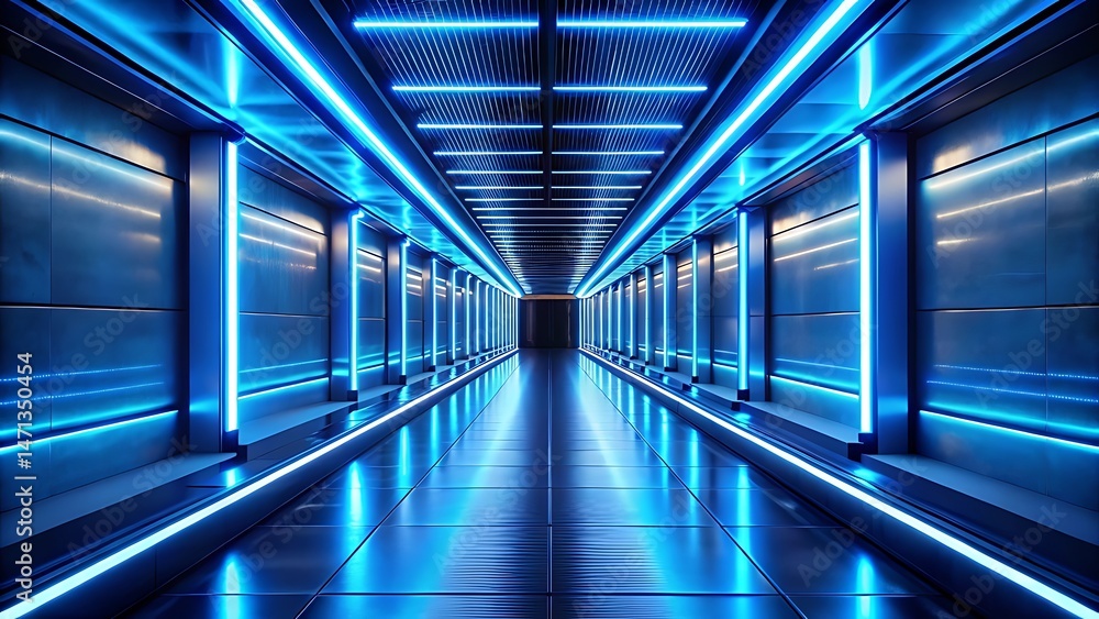 Fototapeta premium Futuristic modern corridor interior illuminated with bright blue led strip lighting 3d rendering
