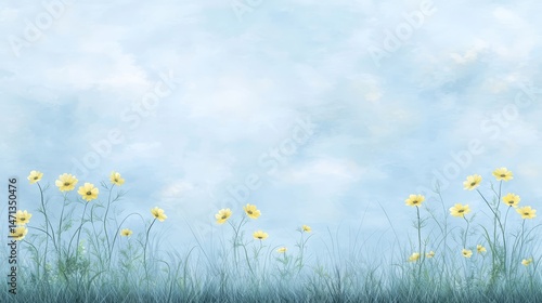 Ield of small yellow flowers with delicate petals grows against soft blue slightly cloudy background
