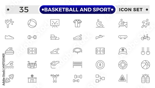 Basketball and Sport web icons outline style. Football, golf, gym, basketball, volleyball, bowling, chess, skiing, boxing, tennis, collection.