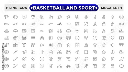 Basketball and Sport web icons outline style. Football, golf, gym, basketball, volleyball, bowling, chess, skiing, boxing, tennis, collection.