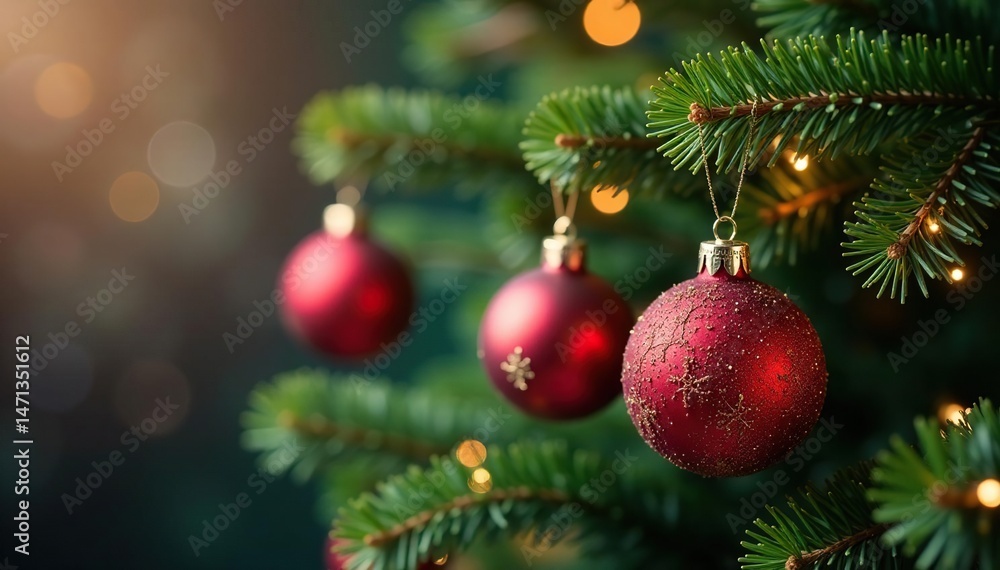Festive Christmas ornaments on a decorated tree branch , elegant, modern, berry Festive Christmas ornaments on a decorated tree branch , elegant, modern, berry