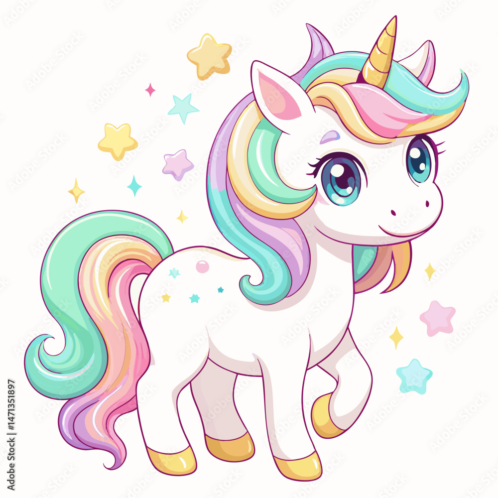 Naklejka premium A cute unicorn with a rainbow mane and stars