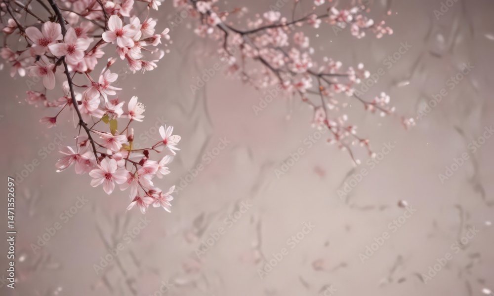 Fototapeta premium Soft pastel pink sakura petals falling gracefully against a muted background , pink, gentle, oriental