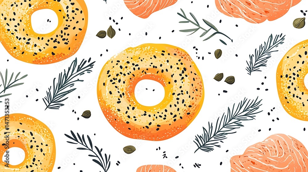 Sesame Bagels with Smoked Salmon Pattern.