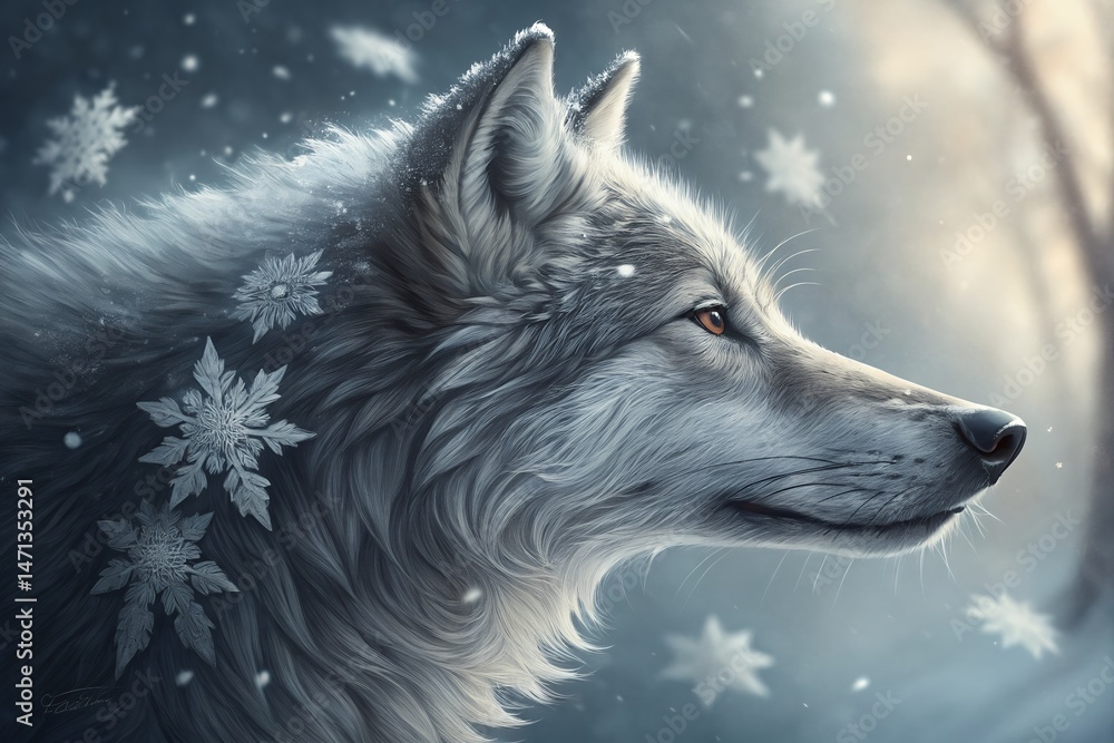 Obraz premium Majestic Winter Wolf Close-Up of Arctic Canine with Snowflakes