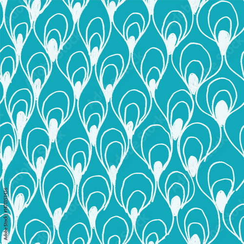 Abstract seamless pattern with hand drawn lines, waves, drops and spots. White ornate on blue background.