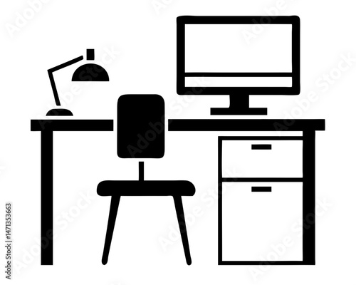 Black silhouette illustration depicting a detailed desk and workstation arrangement