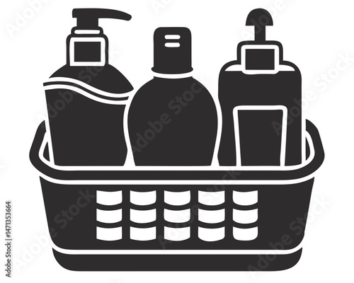 Black silhouette illustration of a shower caddy containing bath products for personal hygiene