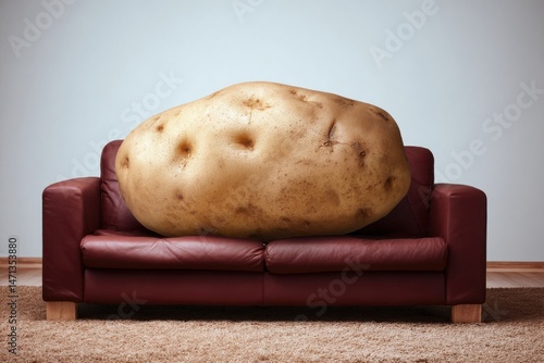 Large potato resting on a red couch in a modern living space during daylight hours