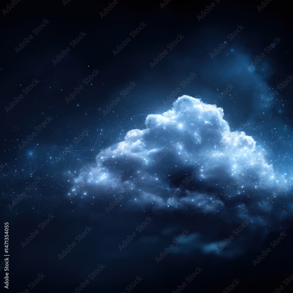 Fototapeta premium Conceptual cloud computing illustration in digital space with network connections and data transfer in dark sky