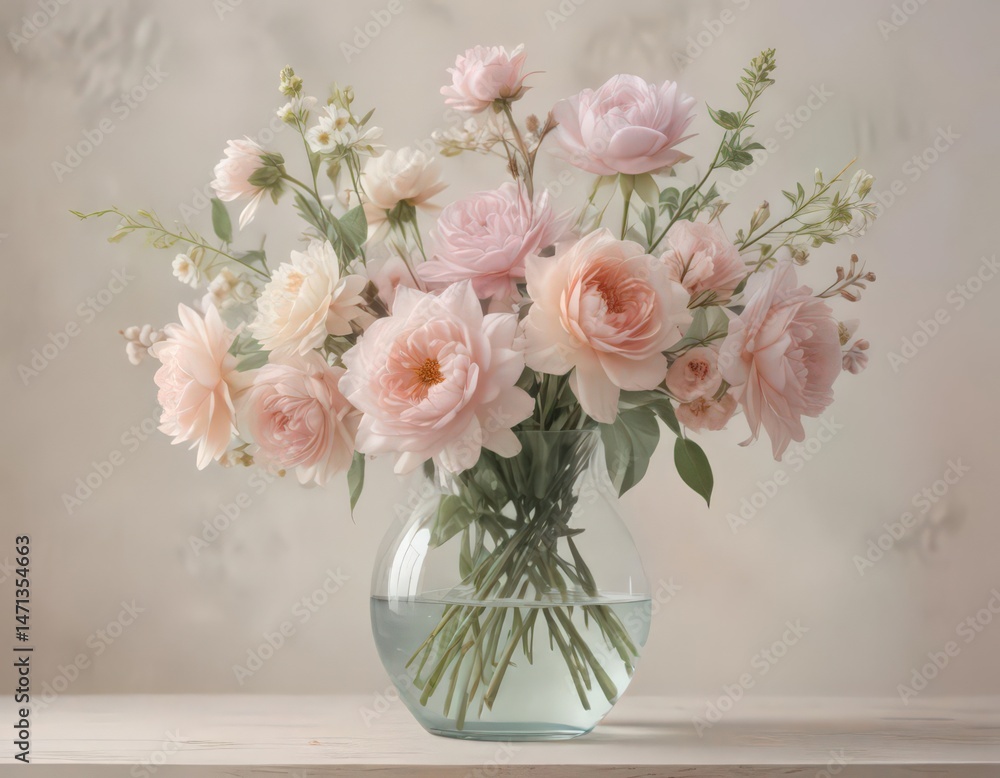 Obraz premium Delicate pastel watercolor blooms in a glass vase Soft hues, artistic floral arrangement , floral design, bright