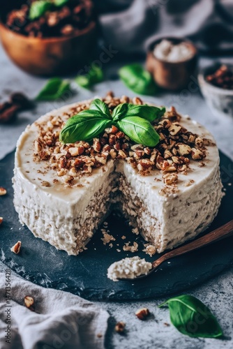 Wallpaper Mural Vegan cashew cheese cake dessert with basil garnish on slate plate, close-up studio shot, food photography Torontodigital.ca