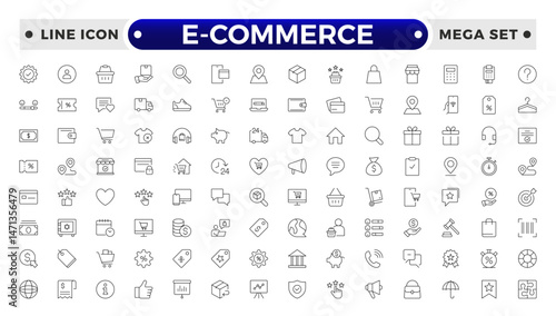 Shopping outline icon Set. Vibrant and engaging icons for enhancing e-commerce platforms, perfect for product listings, cart management, checkout processes to elevate the online shopping experience.