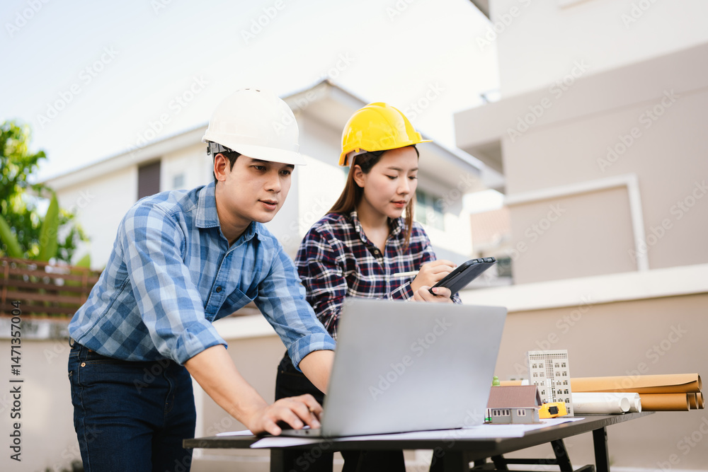 Two engineers wearing hard hats discuss blueprints and plans at an outdoor construction site, using laptops to review architecture. Two engineers wearing hard hats discuss blueprints and plans at an outdoor construction site, using laptops to review architecture.