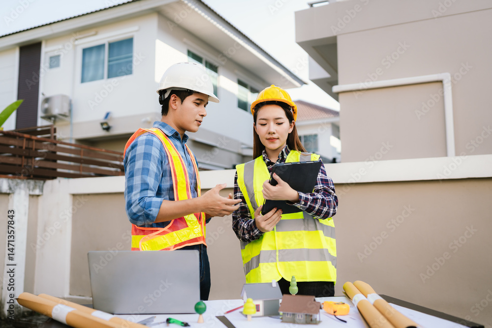 Two engineers wearing hard hats discuss blueprints and plans at an outdoor construction site, using laptops to review architecture. Two engineers wearing hard hats discuss blueprints and plans at an outdoor construction site, using laptops to review architecture.