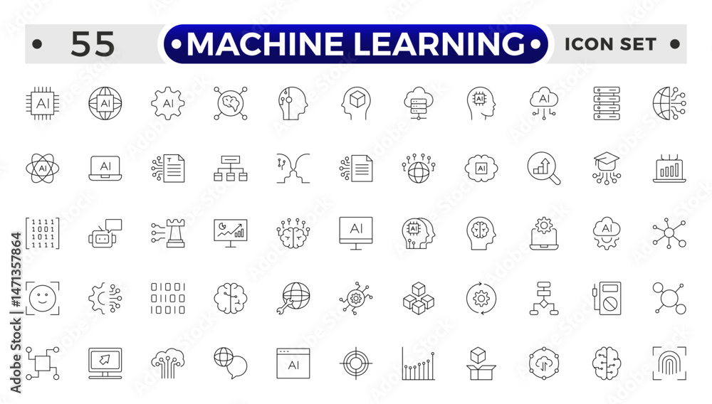 Machine Learning outline icon. AI technology icons for web and mobile app. Machine learning, digital AI technology, algorithm, smart robotic, cloud computing network. Machine Learning outline icon. AI technology icons for web and mobile app. Machine learning, digital AI technology, algorithm, smart robotic, cloud computing network.