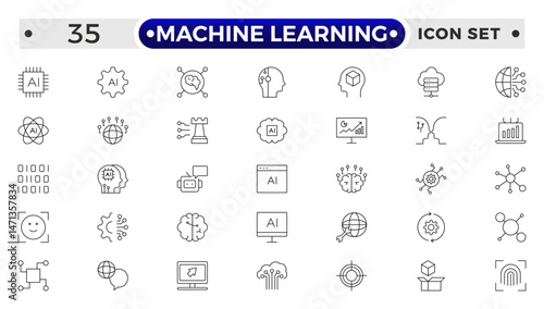 Machine Learning outline icon. AI technology icons for web and mobile app. Machine learning, digital AI technology, algorithm, smart robotic, cloud computing network.