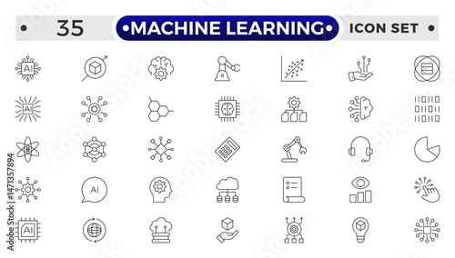 Machine Learning outline icon. AI technology icons for web and mobile app. Machine learning, digital AI technology, algorithm, smart robotic, cloud computing network.