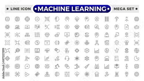 Machine Learning outline icon. AI technology icons for web and mobile app. Machine learning, digital AI technology, algorithm, smart robotic, cloud computing network.