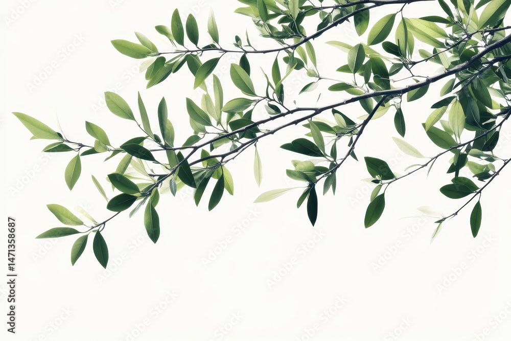 Lush green leaves on branches against a white backdrop Lush green leaves on branches against a white backdrop