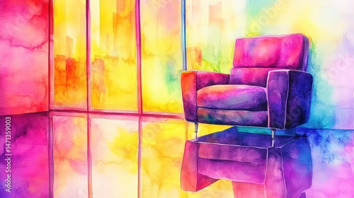 Vibrant watercolor armchair with colorful background and reflective floor