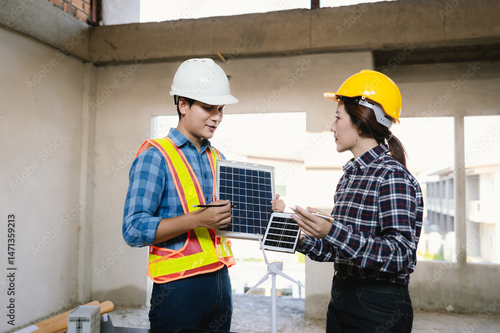 Architects and engineers collaborate at a desk with blueprints and solar panels, planning sustainable energy solutions for eco-friendly construction projects. Architects and engineers collaborate at a desk with blueprints and solar panels, planning sustainable energy solutions for eco-friendly construction projects.