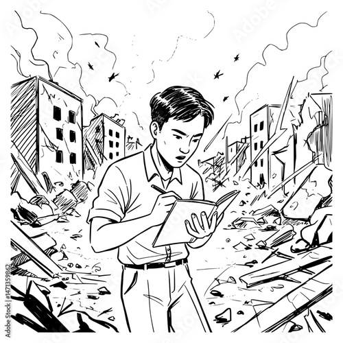 Journalist with notepad in war zone