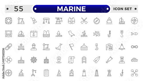 Marine outline icon set .line icons related to marine, port, ship, boat, harbor, crane, pier, wharf, logistic, captain, shipyard.