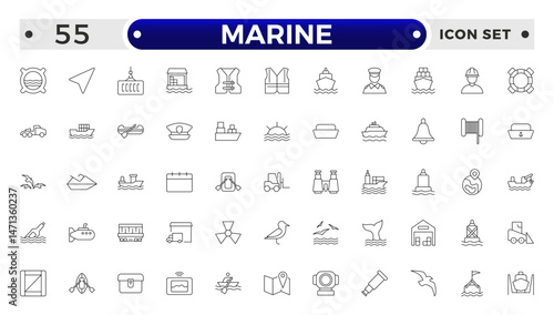 Marine outline icon set .line icons related to marine, port, ship, boat, harbor, crane, pier, wharf, logistic, captain, shipyard.